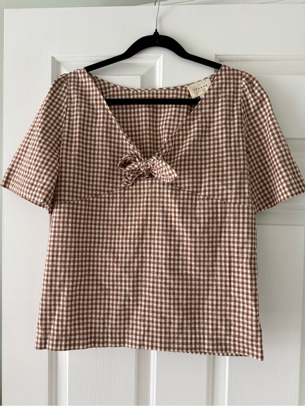 Sezane Gingham Tie-Front Top in Brown and White - Women's